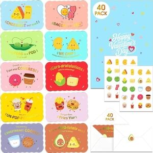 Food Themed Valentines Day Cards for Class 40 Pack, 10 Assorted Designs 4.7x3.2"